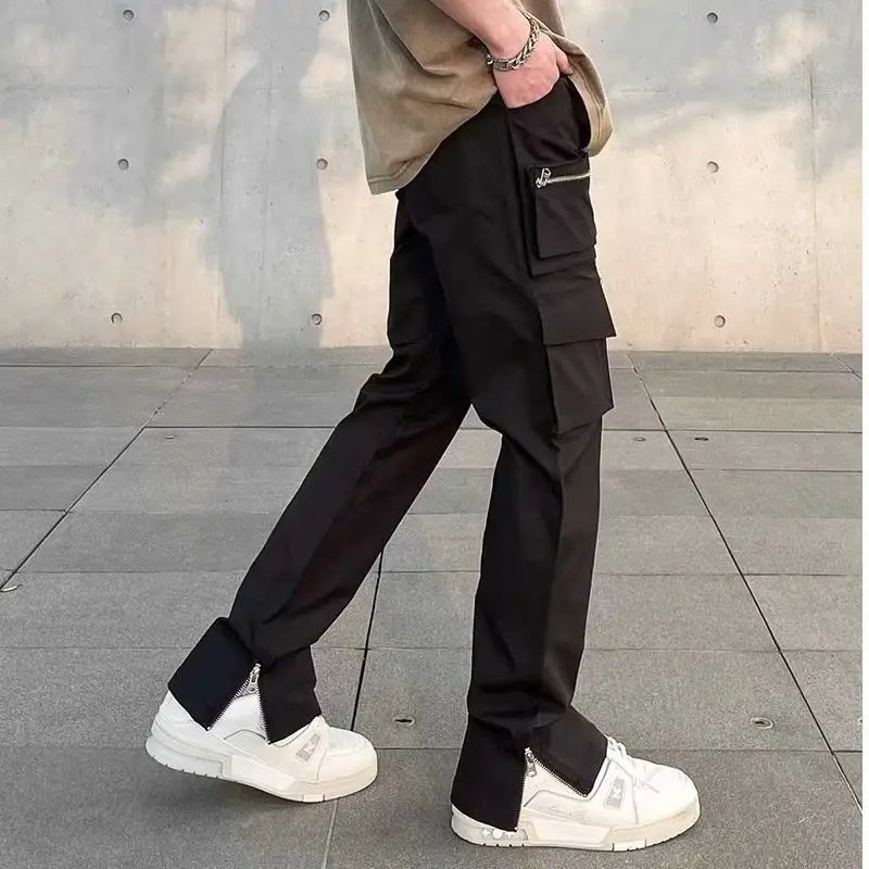 Men's street casual pans, men's zippered split spring and autumn men's straight fitting black European and American zippered wor