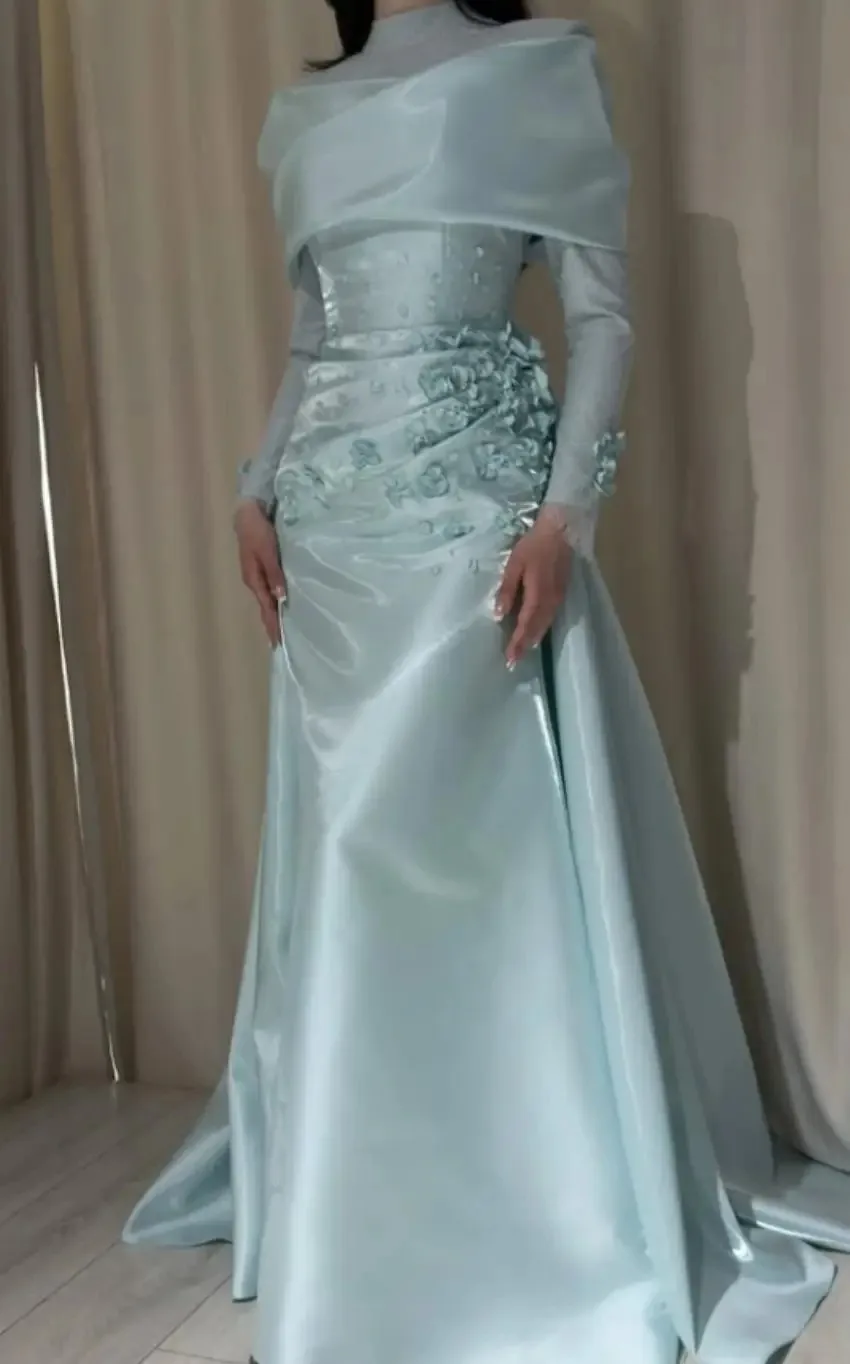 Elegant Satin Mermaid Long Dress Lace Sleeves 3D Flower Stickers Bead Decoration Party Ball Dress Customization