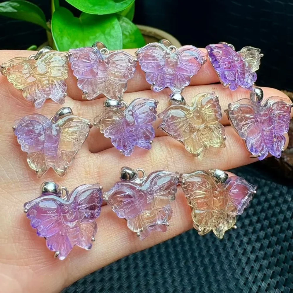 1PCS Natural Ametrine Butterfly Crystal Yoga Pendant Reiki Healing Fengshui Stretch Female Gift - Jewelry for Stress Relief S925