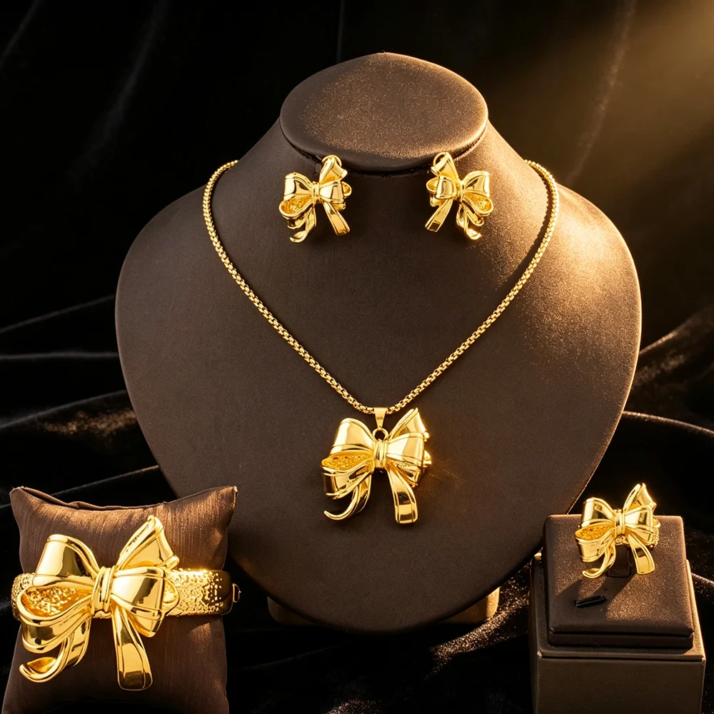 Elegant Bow‑Knot Gold 4Pcs Jewellery Set For Women Necklace Earrings Bangle Ring Luxury Dubai African Party Wedding Jewelry Gift