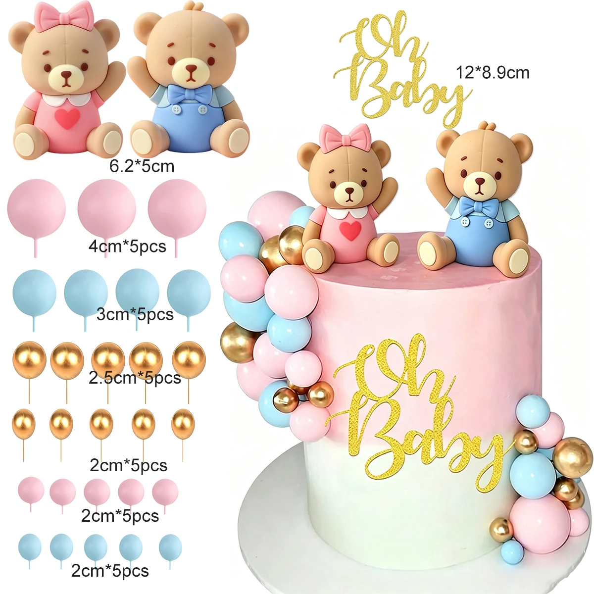33pcs Pink Blue Bear Cake Topper Cartoon Baby Bear Pink Blue Foam Ball Cake Decorations for Gender Reveal Boy Girl Birthday Baby