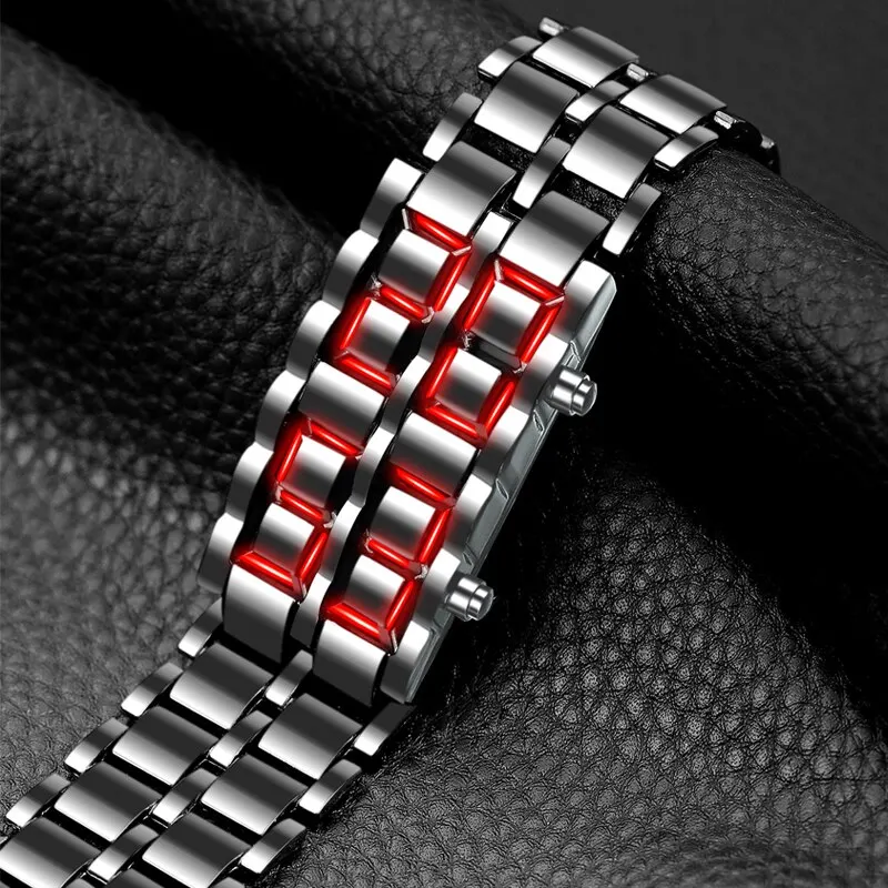 Fashion Silver Full Metal Digital Lava Wrist Watch Men Red LED Display Mens Watches Gifts for Male Boy Sport Creative Clock