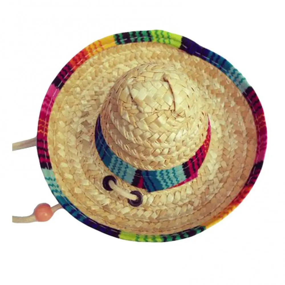 Hat Diameter16cm Mini Puppy Dog Cat Straw Woven Sun Hat Cap Mexican Sombrero Pet Supplies Summer Vacation Natural Hat With Rope