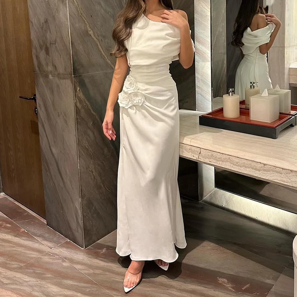 

Customized Exquisite Flowers Jersey White Off the Shoulder Evening Dresses Fashion Straight Short Sleeves Bespoke Occasion Gowns