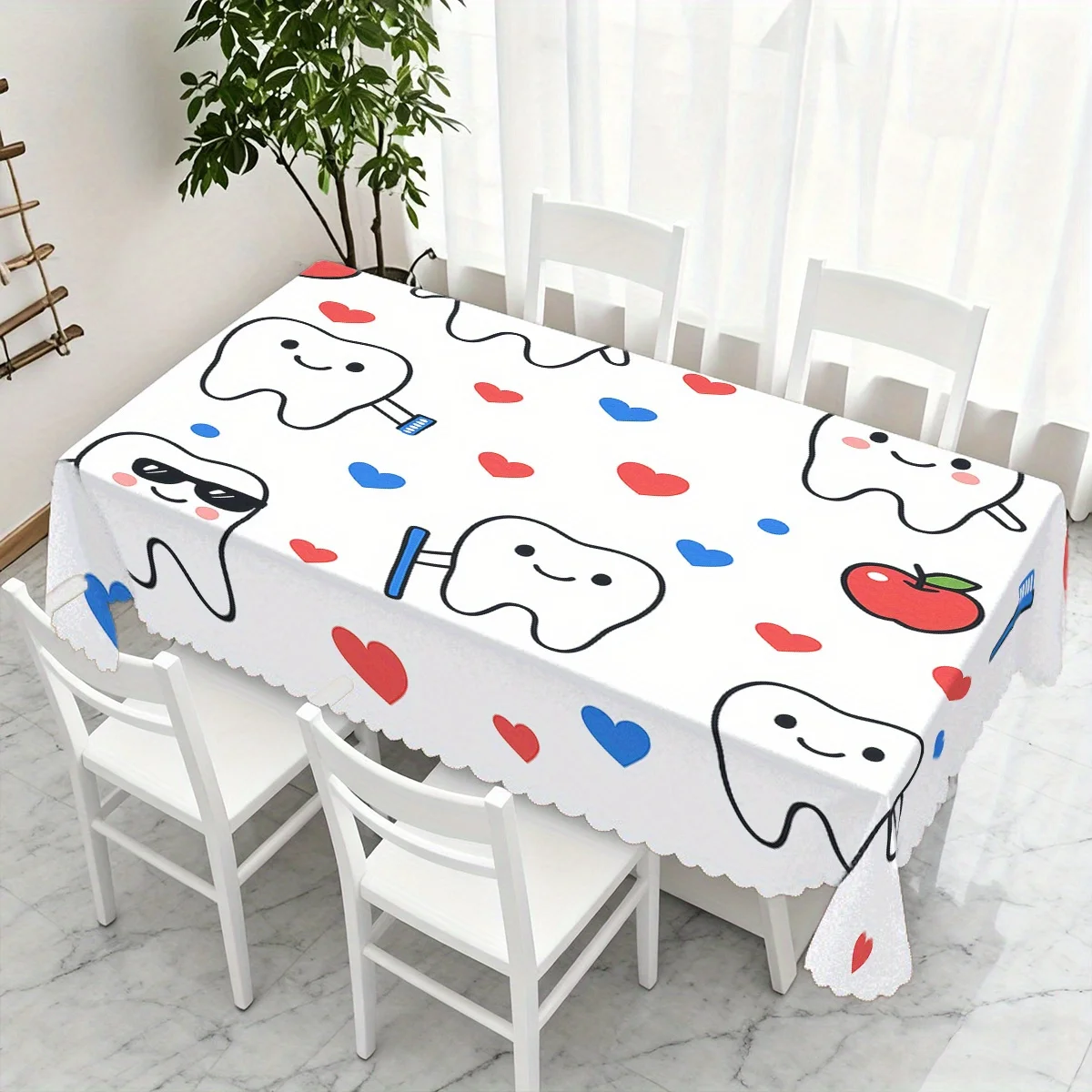 Cute Cartoon Smiling Teeth Heart Apple Print Waterproof Tablecloth, Rectangular Table Cover Dental Clinic Home Party Table Decor