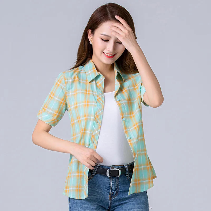 2023 New Fashion Summer Women Short Sleeve Plaid Shirt Print Blouses Cotton Girl's College Style Sweet Shirts Lady Tops Clothes