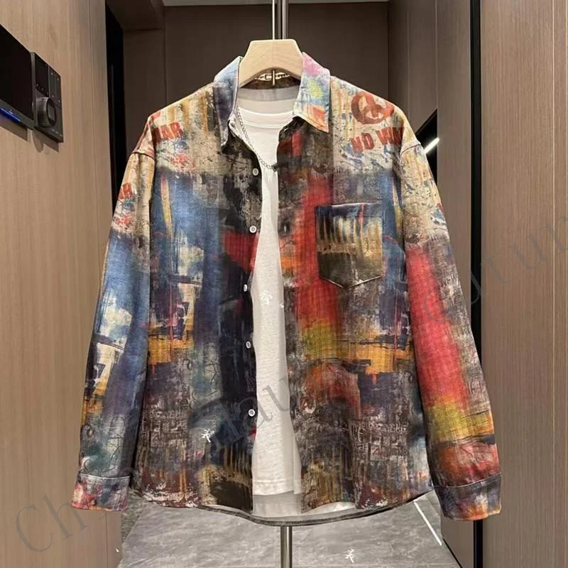 Men\'s autumn fashion casual shirt new style painted halo ethnic print high-end loose versatile casual jacket