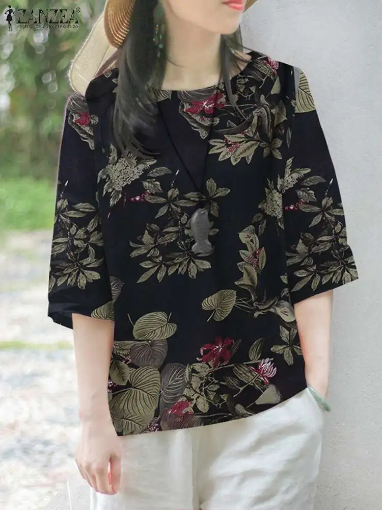 ZANZEA Holiday Cotton Floral Print Blouses Casual Loose 3/4 Sleeve Women Rond Neck Shirts 2023 Summer Everyday Tunic Tops Blusas