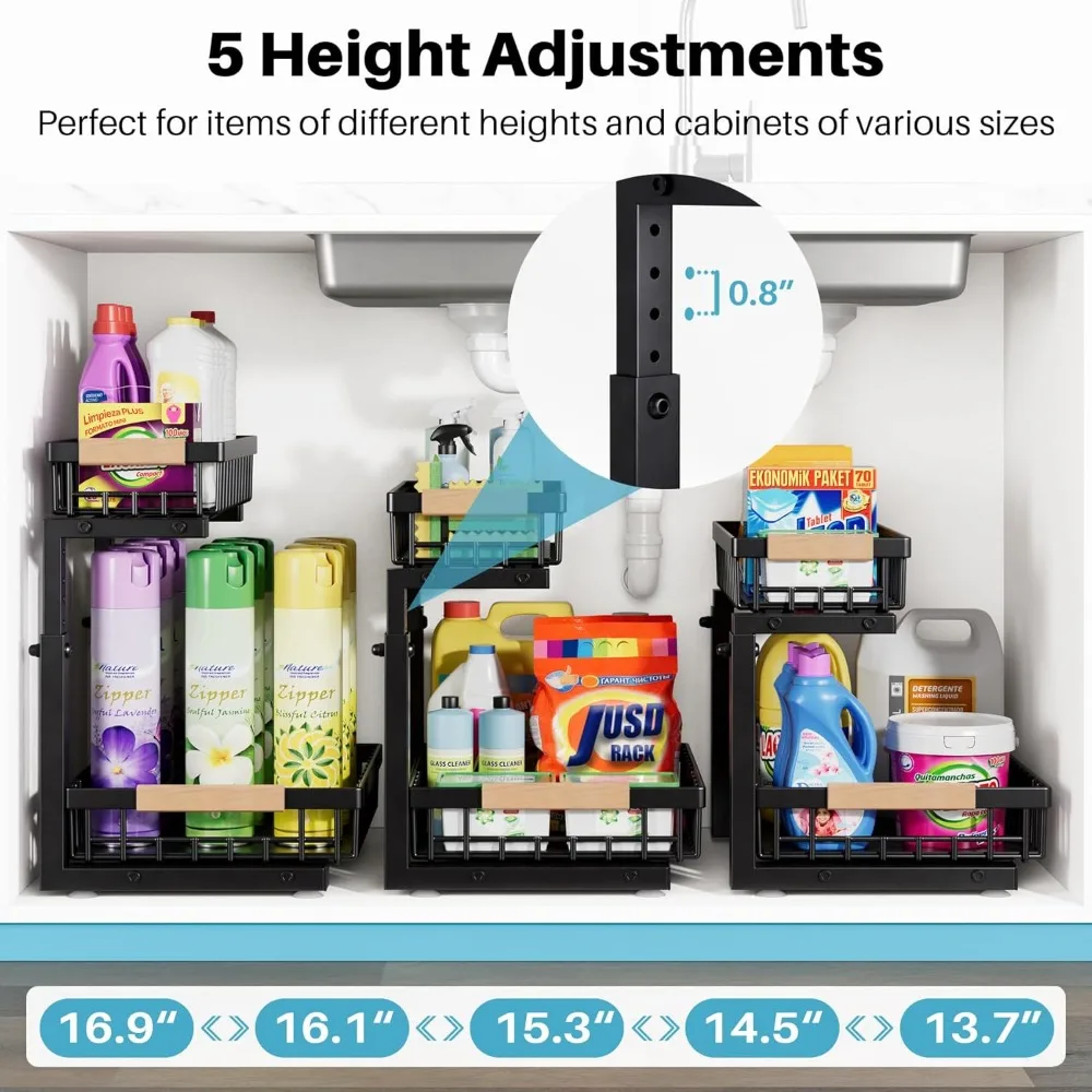 

2-уровневый выдвижной органайзер под раковиной, устойчивый к ржавчине металлический ящик для хранения в кухонном шкафу в ванной комнате