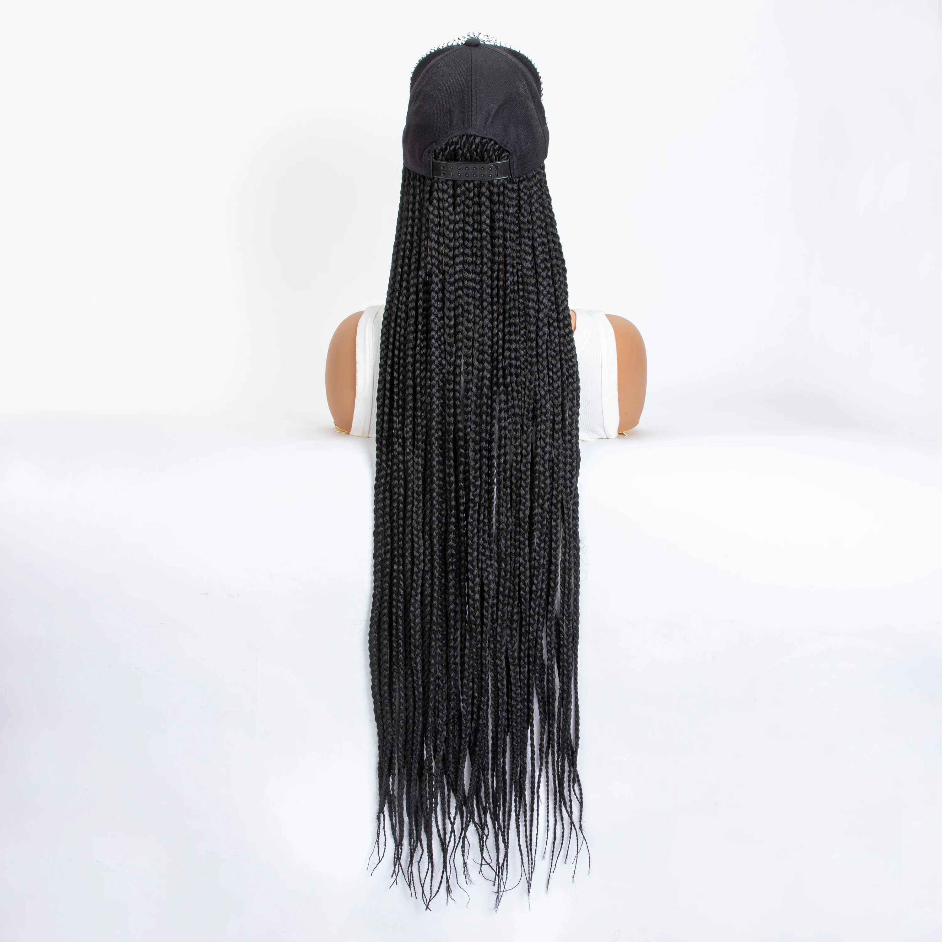 WIGERA Extra long 36Inch Black Box Braided Synthetic Wigs With Rhinestone Decor Adjustable Hat Cap Braiding Hair Extensions Wigs