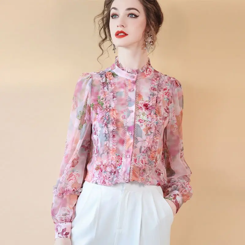 2025 Spring and Autumn New Style French Retro Mushroom Edge Long Sleeve Floral Shirt, Western Style Top for Women