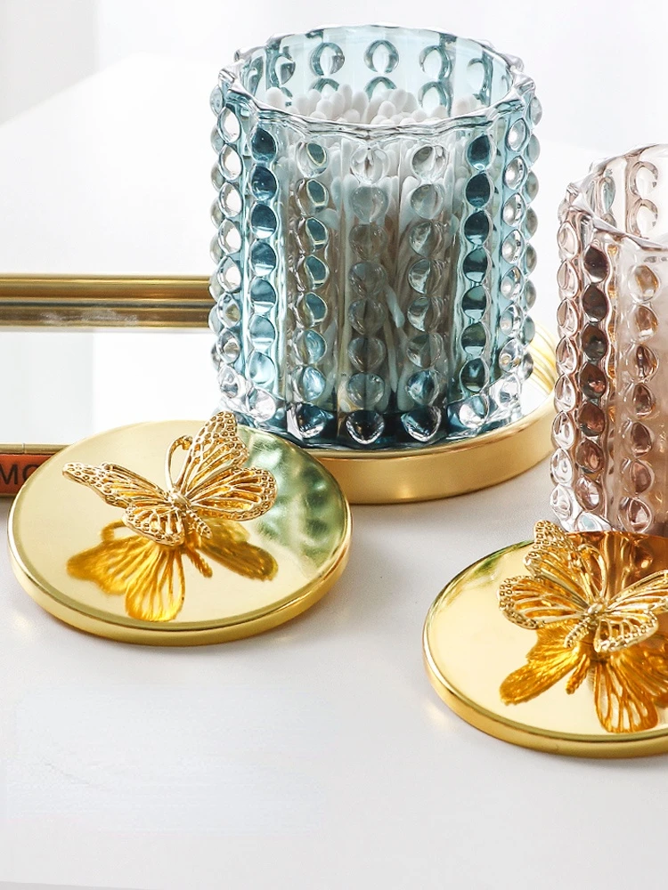 Creative Irregular Glass Jar Cotton Swab Storage Box Cosmetic Jewelry Jar Gold-plated Butterfly Cover Sundries Glass Jar Decor