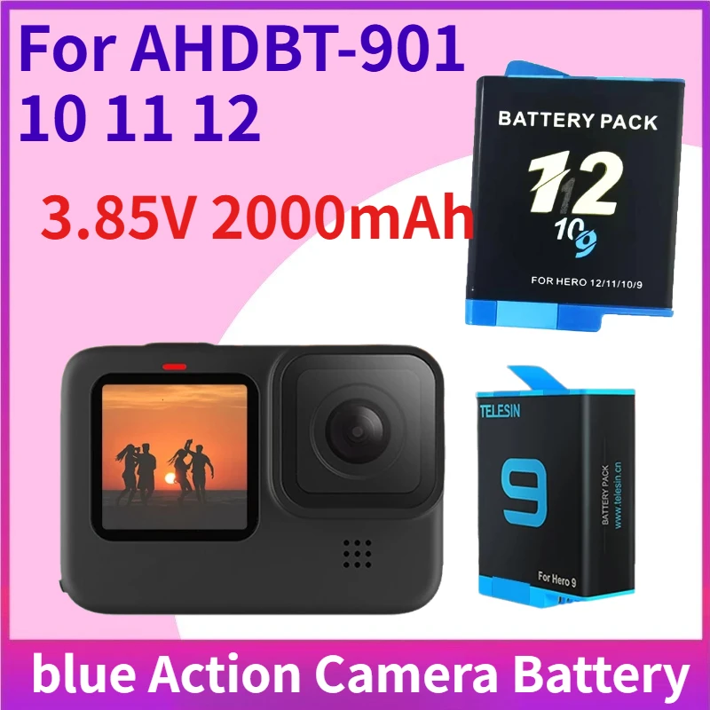 For Gopro Hero 9/10/11/12 Battery 3.85V 2000mAh Replacement Li-ion Battery for AHDBT-901 10 11 12 blue Action Camera Accessories