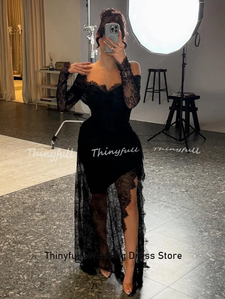 Thinyfull Mermaid Lace Prom Dresses Off Shoulder Split Long Sleeves Evening Dress Dubai Formal Gown Robe De Soirée Customized