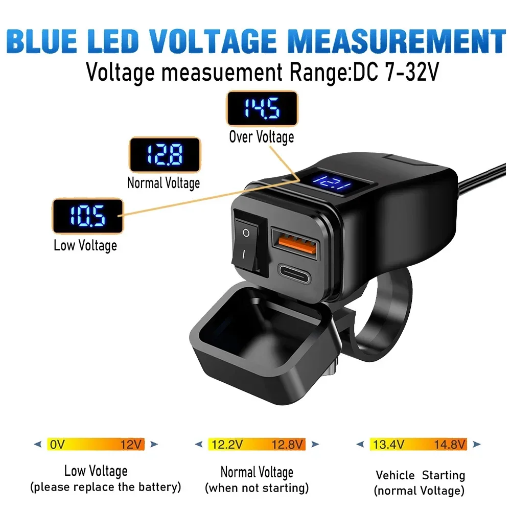 PD QC3.0 Motorcycle USB Fast Charger 60W Handlebar Dual USB Socket with Switch Voltmeter Waterproof 12V Power Supply Adapter