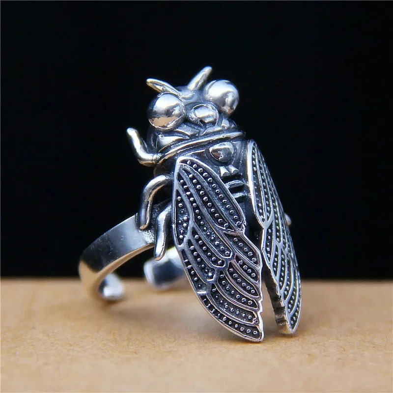 Retro Silver Color One Leaf Zhi Qiu Zhi Cicada Ring Opening Style Men's and Women's Ring Essential for Summer