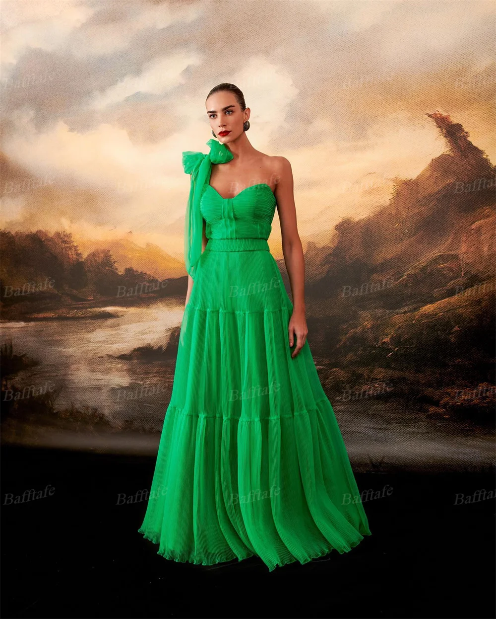 Bafftafe Green A Line Tulle Prom Dresses For Women Flower One Shoulder Tiered Customized Long Formal Evening Gowns Wedding Party