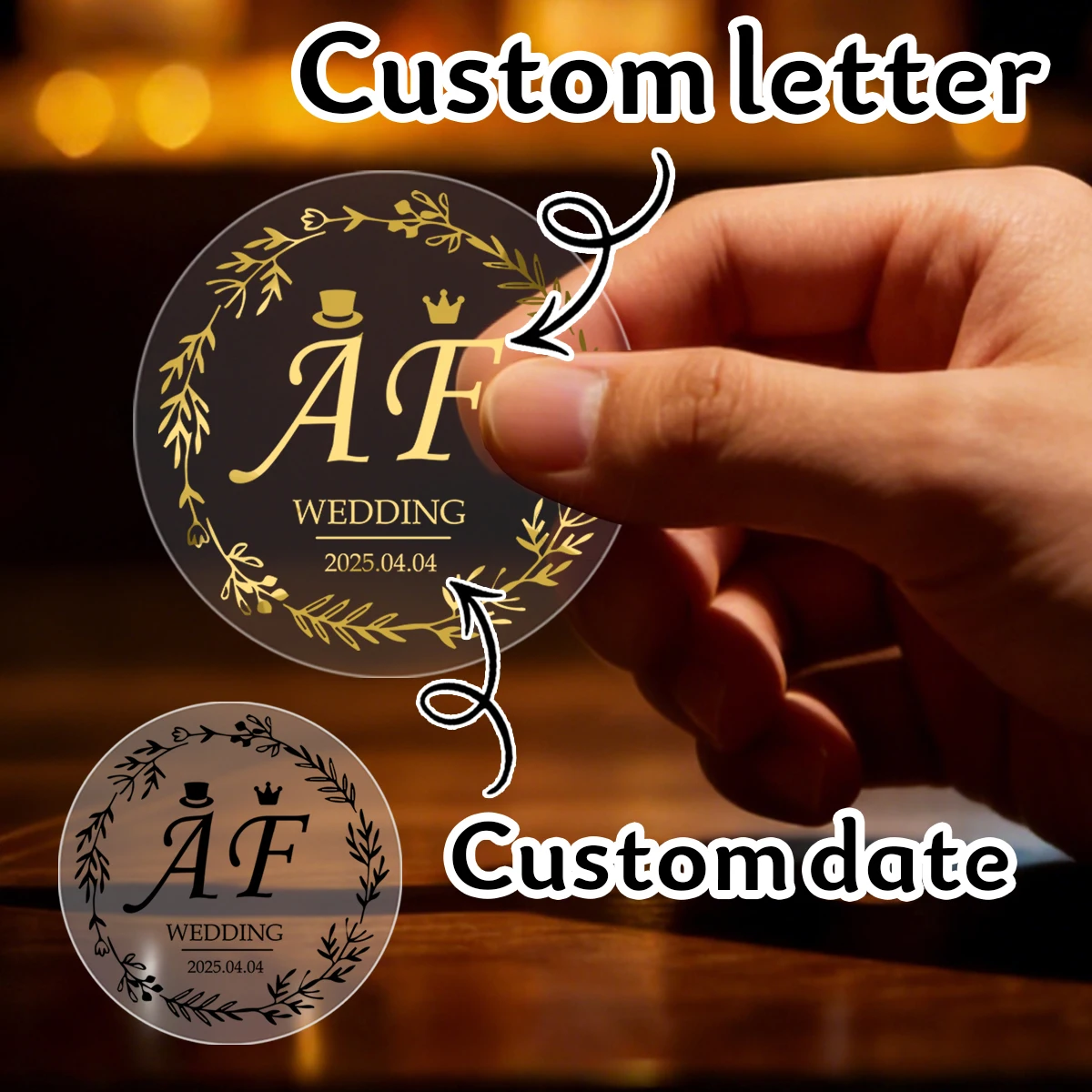 Pegatina Transparente Personalizada con Lámina Dorada para Boda, Pegatinas Transparentes con Lámina Dorada para Regalo, Monograma de Boda, Recuerdo para Bautizo o Fiesta