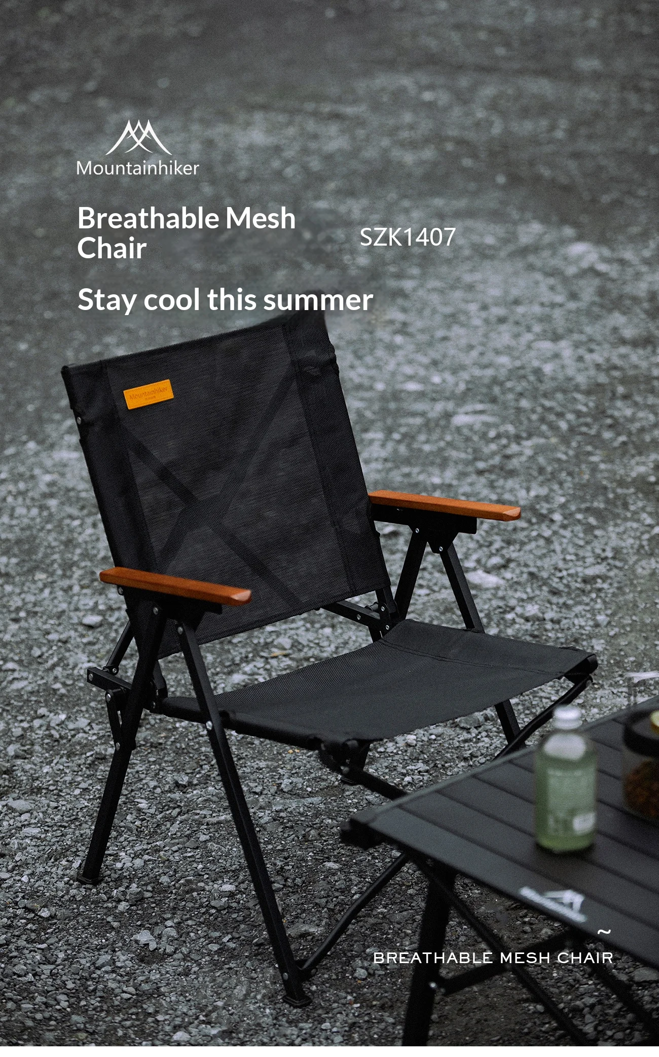 Mountainhiker Atmungsaktiver Campingstuhl mit Holzarmlehne, Tragbarer Klappbarer Outdoor-Stuhl für Strand, Angeln, Picknick, Schwarz, Sommer – Detail 1