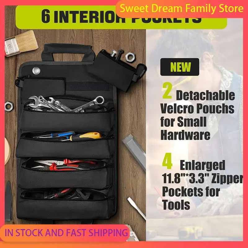 SDFC-gereedschapsoproltas, gereedschapsorganizer op rol met 3 afneembare zakjes, gereedschapsrolzakje voor monteur/elektricien/motorfiets