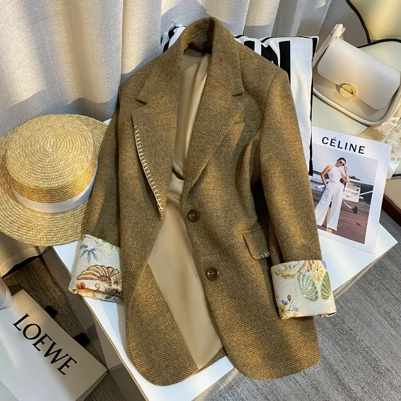 2026 New High-quality Wool Suit Jacket Women's Woolen Blazers Autumn Winter Single-breasted Spliced Coat Casual Office Outerwear