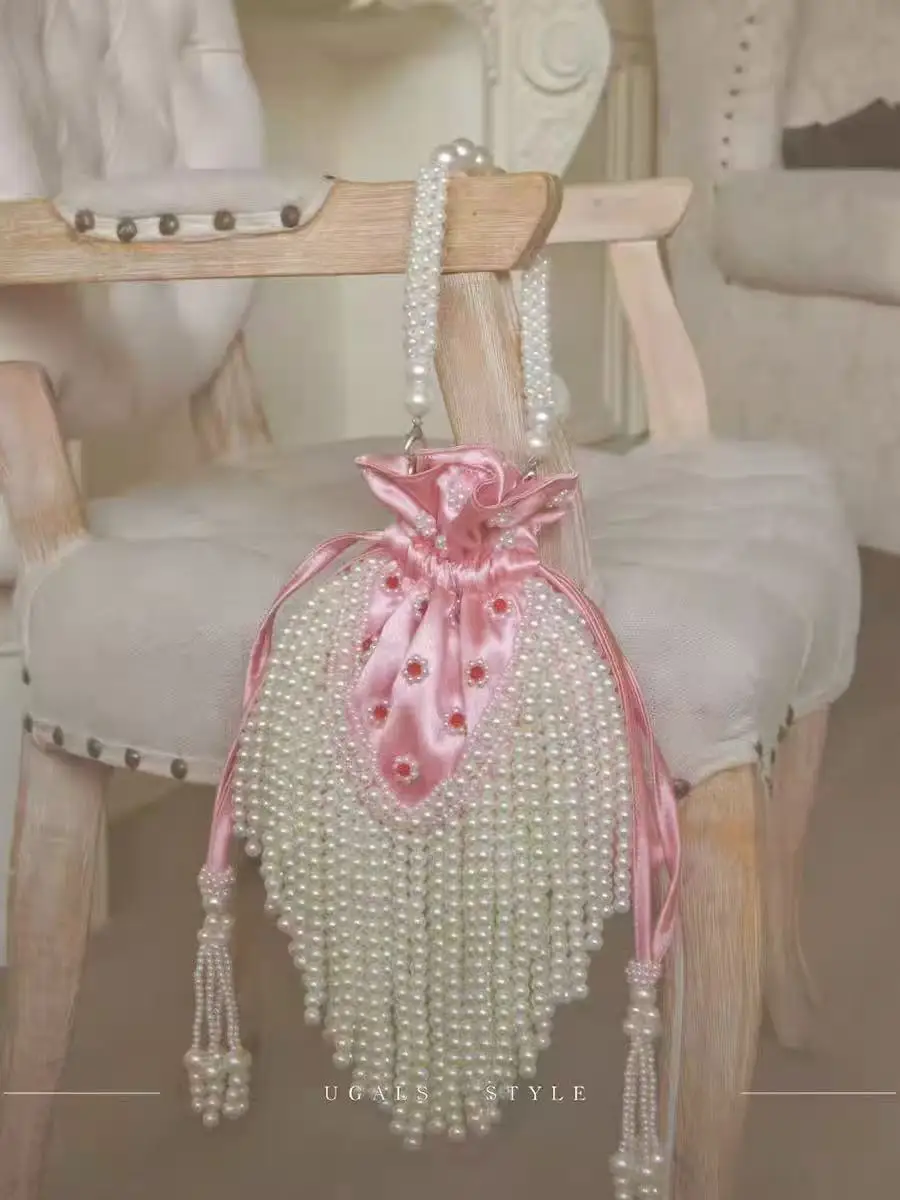 

Beads Beading Tassel Handmade Women Handbag Pearl Beaded Satin Hobo Bag Wedding Party Banquet Bag Luxury Fashion Clutch Purse