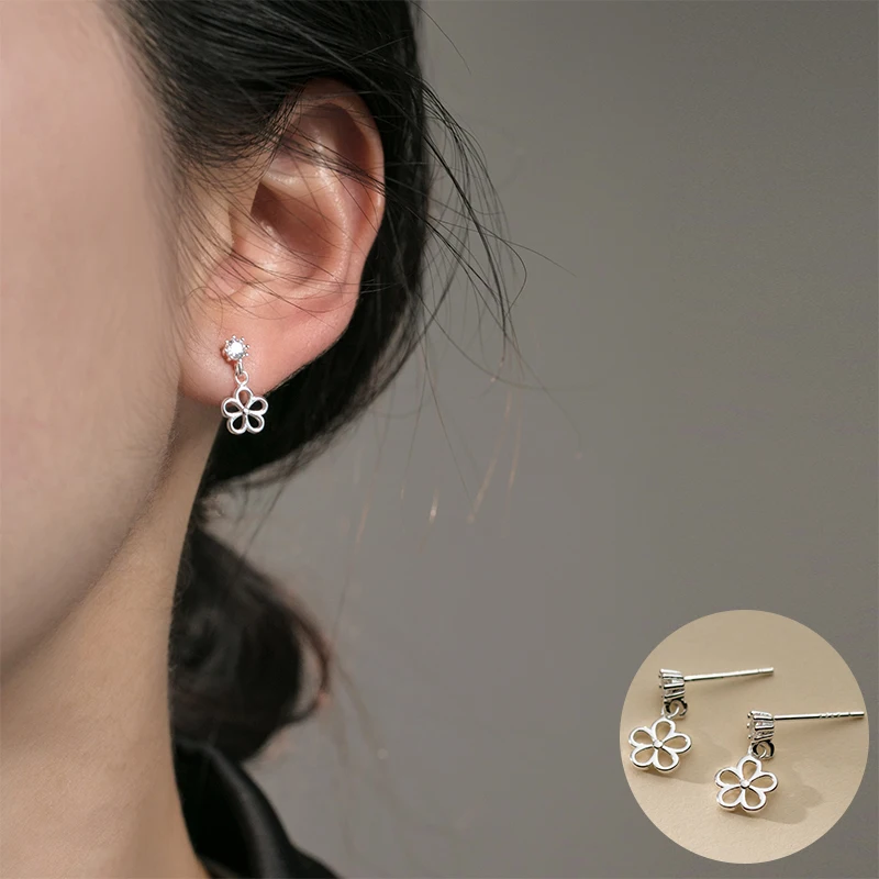 

100% 925 Sterling Silver Zircon Flower Earrings for Women Girl Hollow Out Geometric Design Jewelry Party Gift Dropshipping