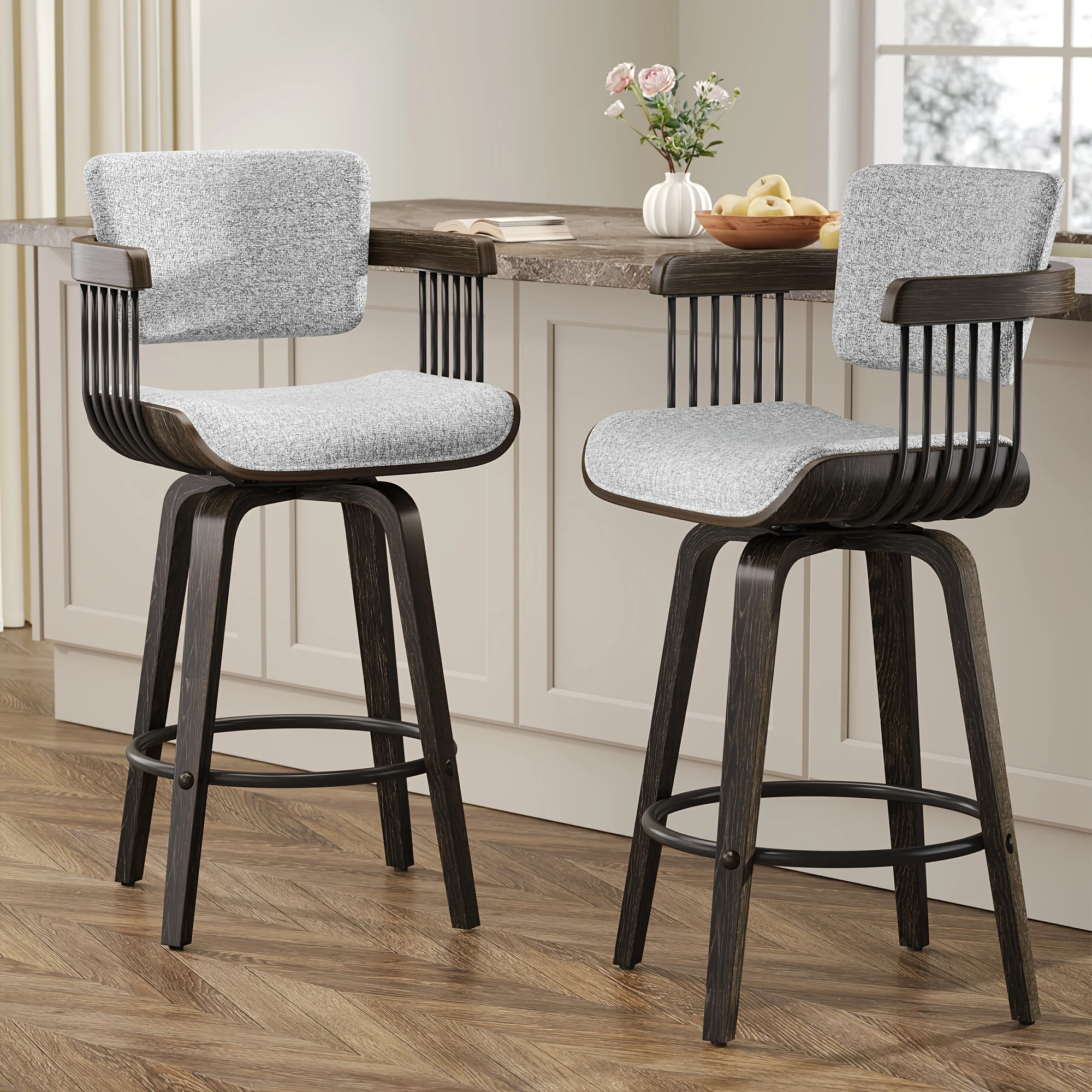 Juego de Taburetes de Bar Giratorios de Lujo de 26 Pulgadas | Sillas de Bar con Reposabrazos de Madera Curvada Estilo Retro, Taburetes Altos Tapizados a Mano, Madera Sólida de Primera Calidad