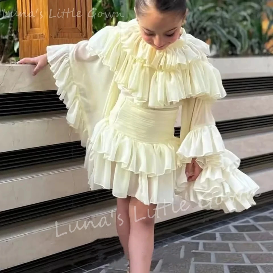 

Light Yellow High Neck A-Line Flower Girl Dress Pleated Wedding Party Knee-Length Birthday Customized Dress