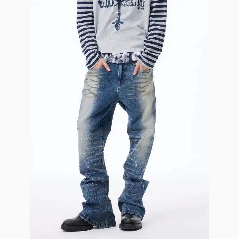 Men's Ink Splashing Design Skinny Jeans Street Y2k Sweatpants High Waist Vibe Trousers Male Straight Pencil Retro Blue Pants
