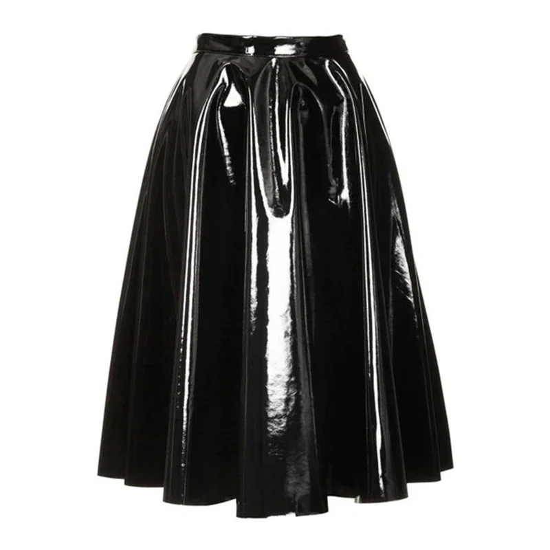 

Women PU Leather Pleated Skirt Women Sexy High Waist Faux Leather Midi A-Line Skirt Ladies Pvc Loose Skirts Clubwear New Custom