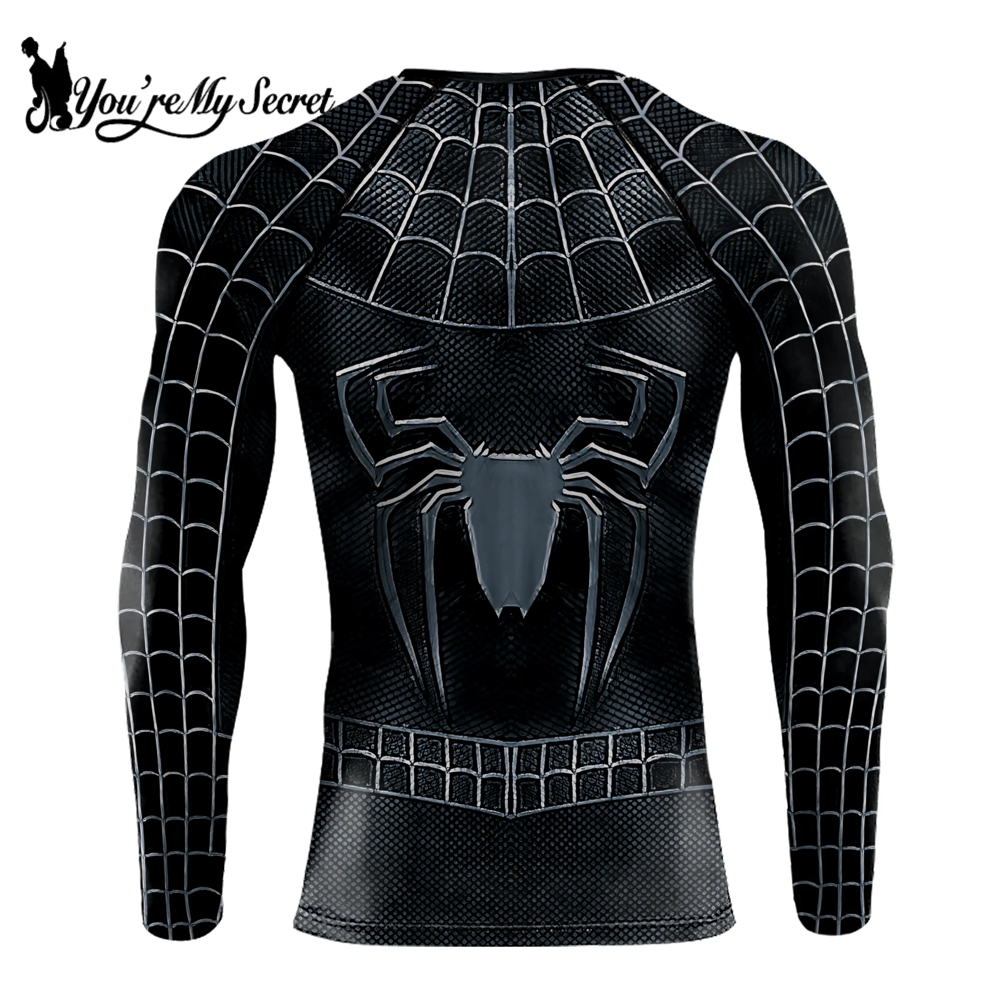 [You\'re My Secret] Men\'s Spider Print Compression Shirt Workout Anime Superhero Long Sleeve Cosplay Costume Fitness Tops Summer