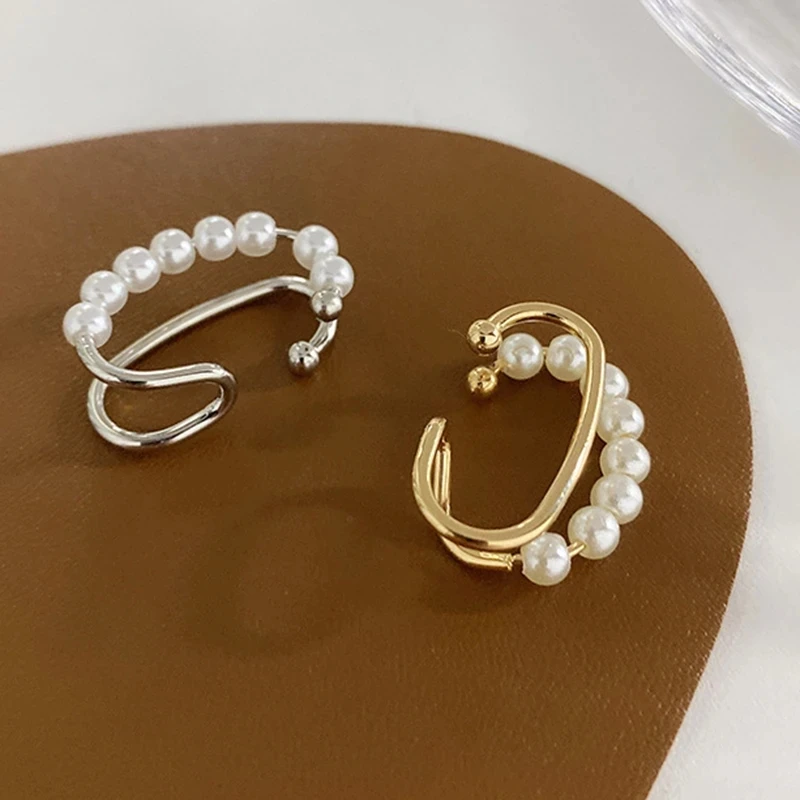 Nuevos Pendientes de Oreja Coreanos Retro en Color Oro y Plata, con Doble Capa de Perlas, Clip de Oreja con Perforación Falsa, para Mujer, Joyería de Moda