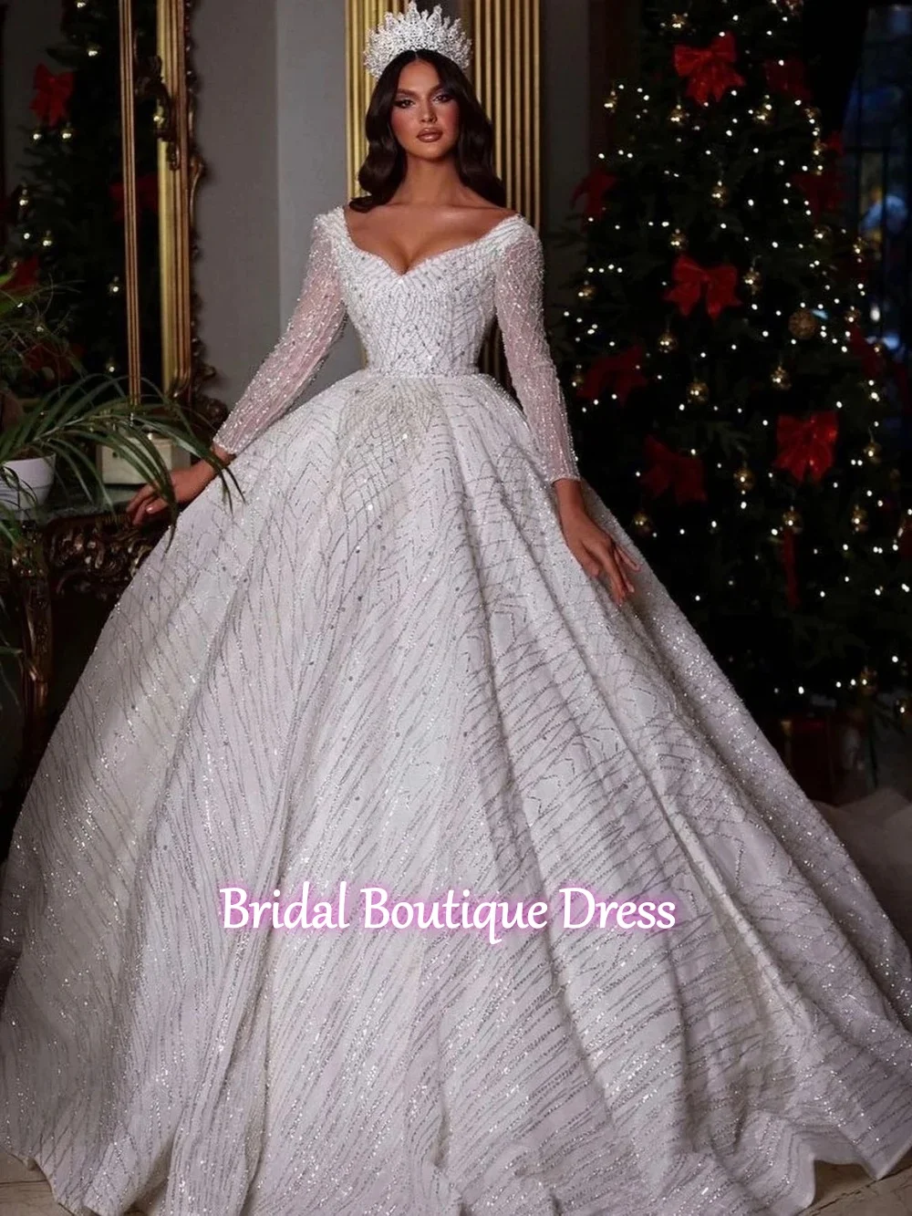 Customized Exquisite  Wedding Dresses Long Sleeves Sequins Appliques Lace Ball Bridal Gowns  Sweep Train Robe De Mariee Vestido