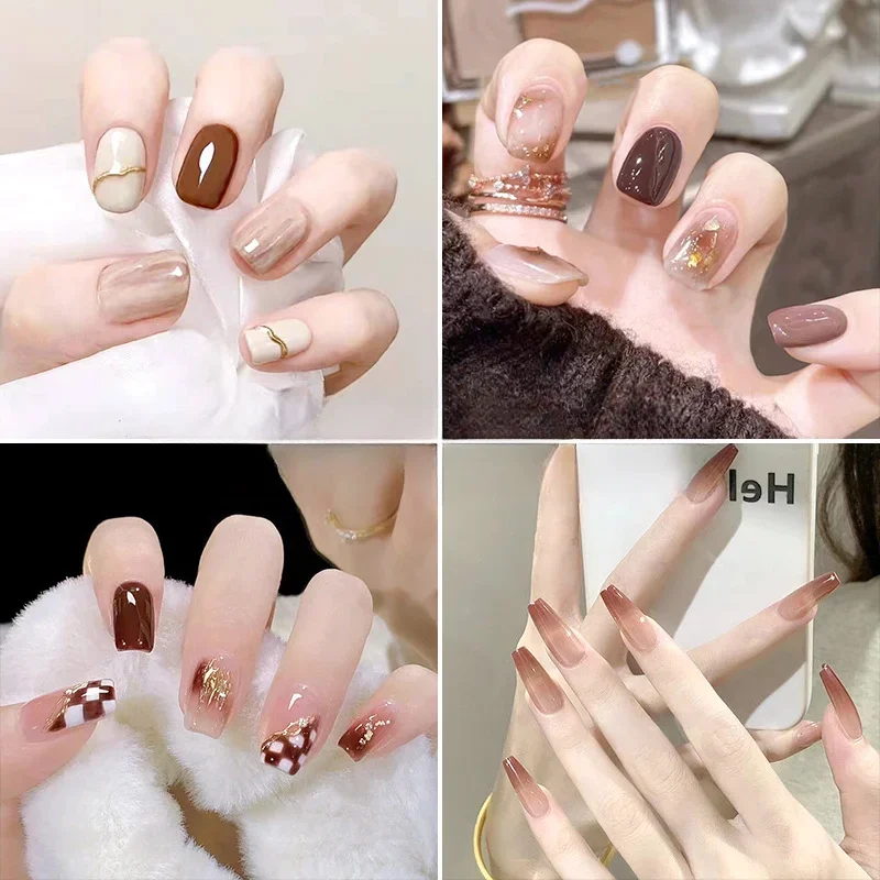 24Pcs mocha brown Fake Nails Art Cool Spice Girls Wearing Sparkling Pearl Removable French Full Cover Detachable False Nails