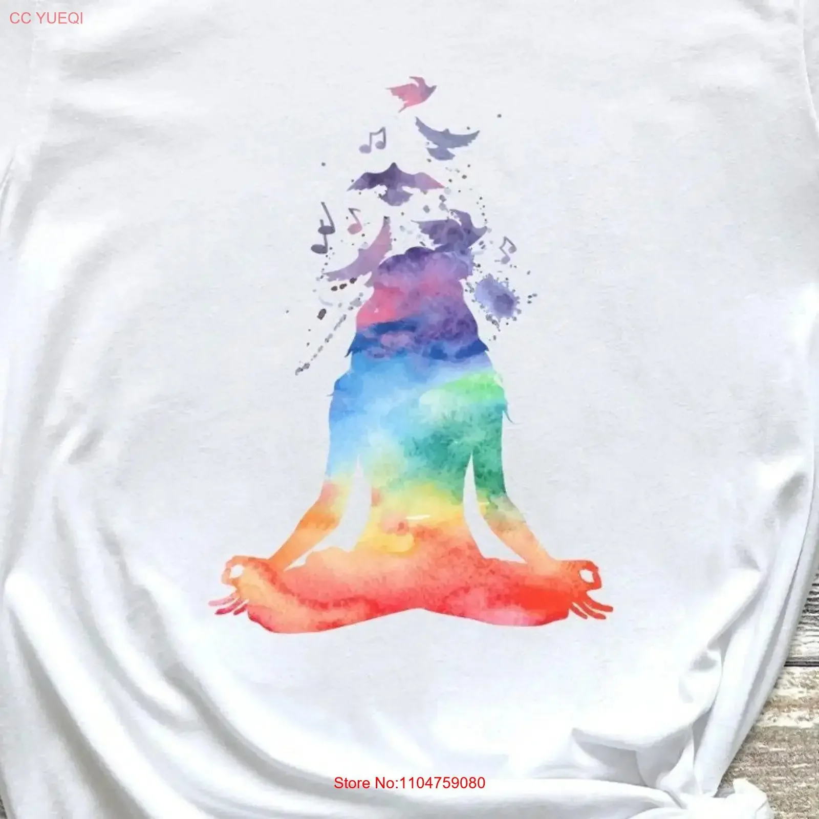 Chemise de méditation arc-en-ciel, t-shirt de yoga coloré, oiseaux en vol, personne méditant, spiritualité, pleine conscience, vintage, streetwear homme