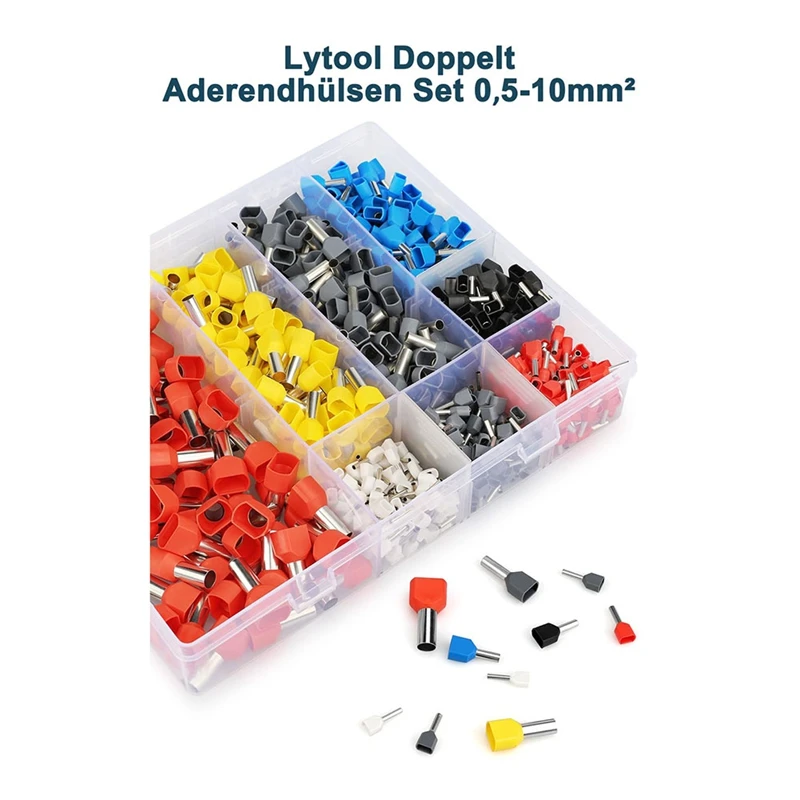 750Pcs Twin Wire Ferrules Kit Wire Terminal Ferrules Crimp Connector Twin Ferrules Dual Bootlace Ferrule Teminator Kit