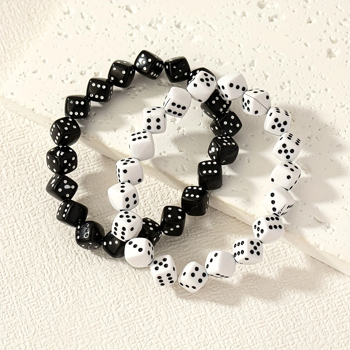 2Pcs Black and White Dice Beads Beaded Bracelet Set Fun Bracelet Couple Friends