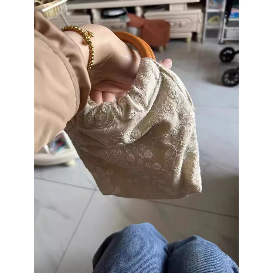 Vintage Bamboo hand wooden ring mini totes bag embroidered bucket bag soild color purse and handbags party dinner clutch bag sac