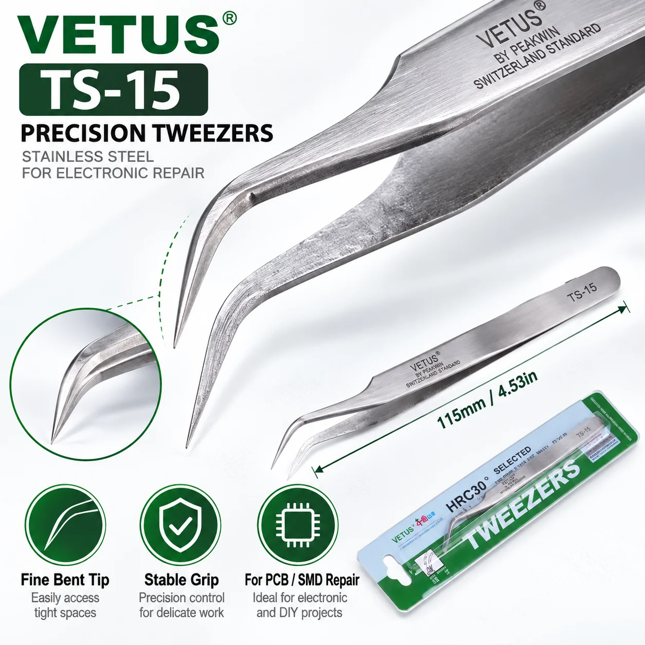 1 Stück TS-15 Vetus Pinzette Pinzas Edelstahl Präzisionspinzette Herramientas Elektriker Handwerkzeuge – Detail 4