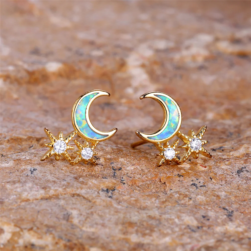 Female Small White Fire Opal Stone Moon Star Stud Earrings Trendy Gold Color Wedding Jewelry For Women