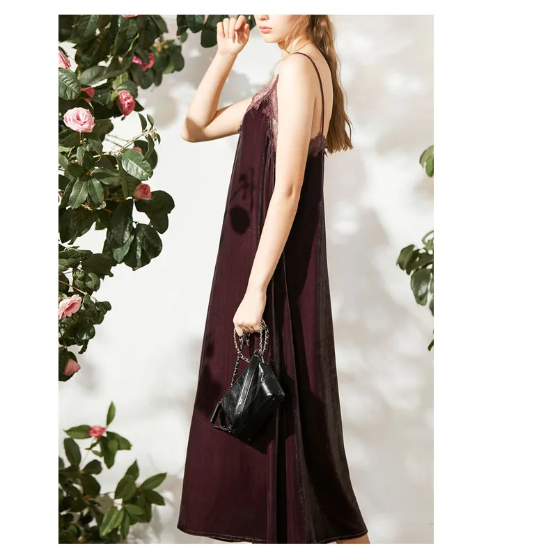 Fengbaoyu-Silk Velvet V-Collar Suspender Dress, French Lace Decorated, Garnet Dress, Spring and Autumn,Casual Dresses