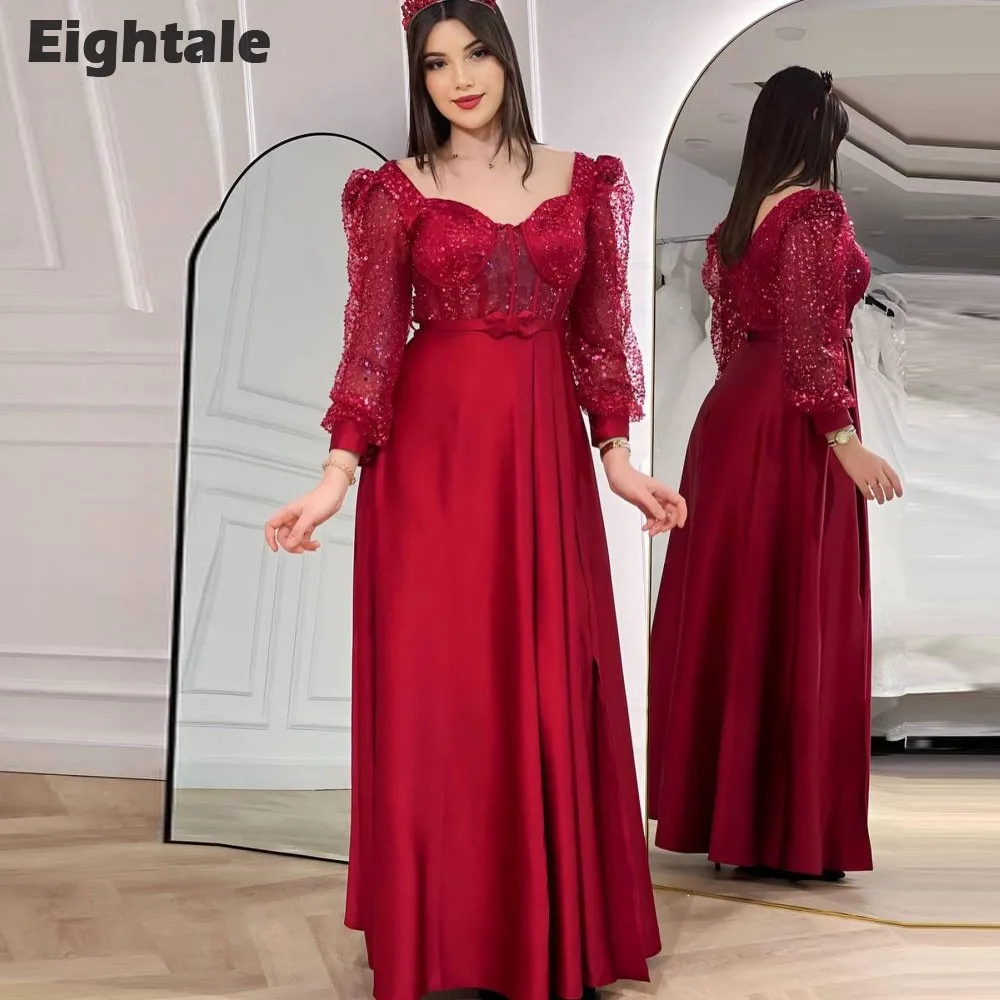 

Eightale Elegant Evening Dresses Shiny Sequin Long Sleeves A-Line Prom Party Gown Side Slit Arabic Wedding Vestidos De Fiesta