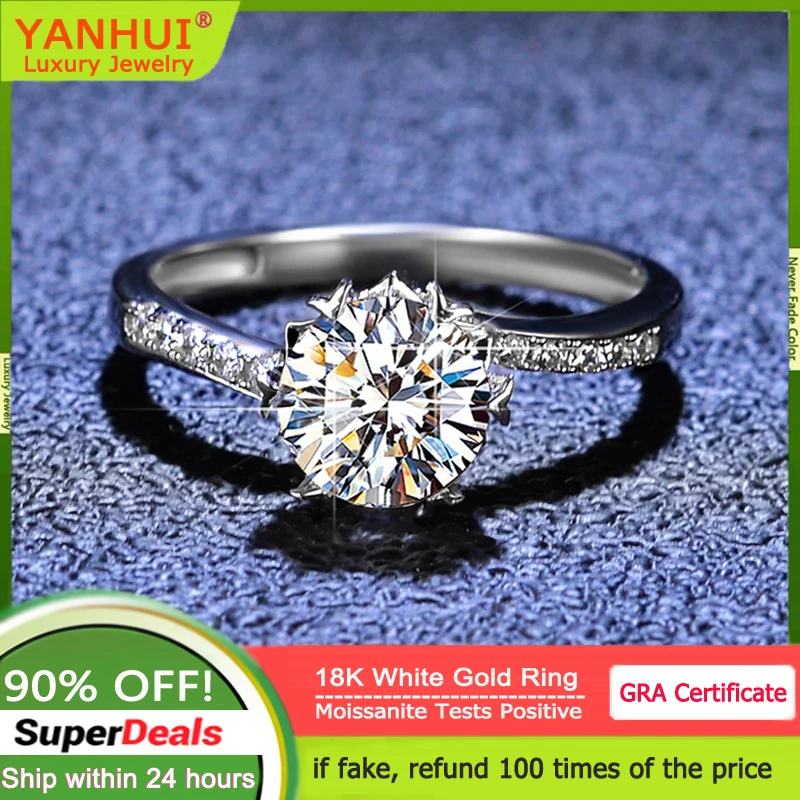 Genuine 100% Certified 18K White Gold Rings Excellent Round Cut 1 Carat Diamond Moissanite Rings Women Wedding Band Fine Jewelry