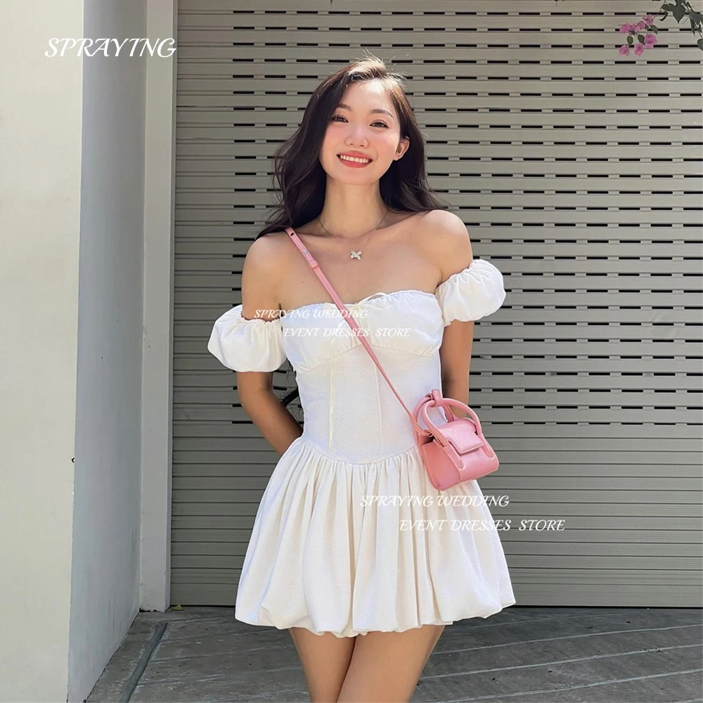 

SPRAYING Sweet Ivory Off Shoulder Evening Dress Korea Photo Shoot Remove Glove A line Prom Gown Short Special Event Dresses