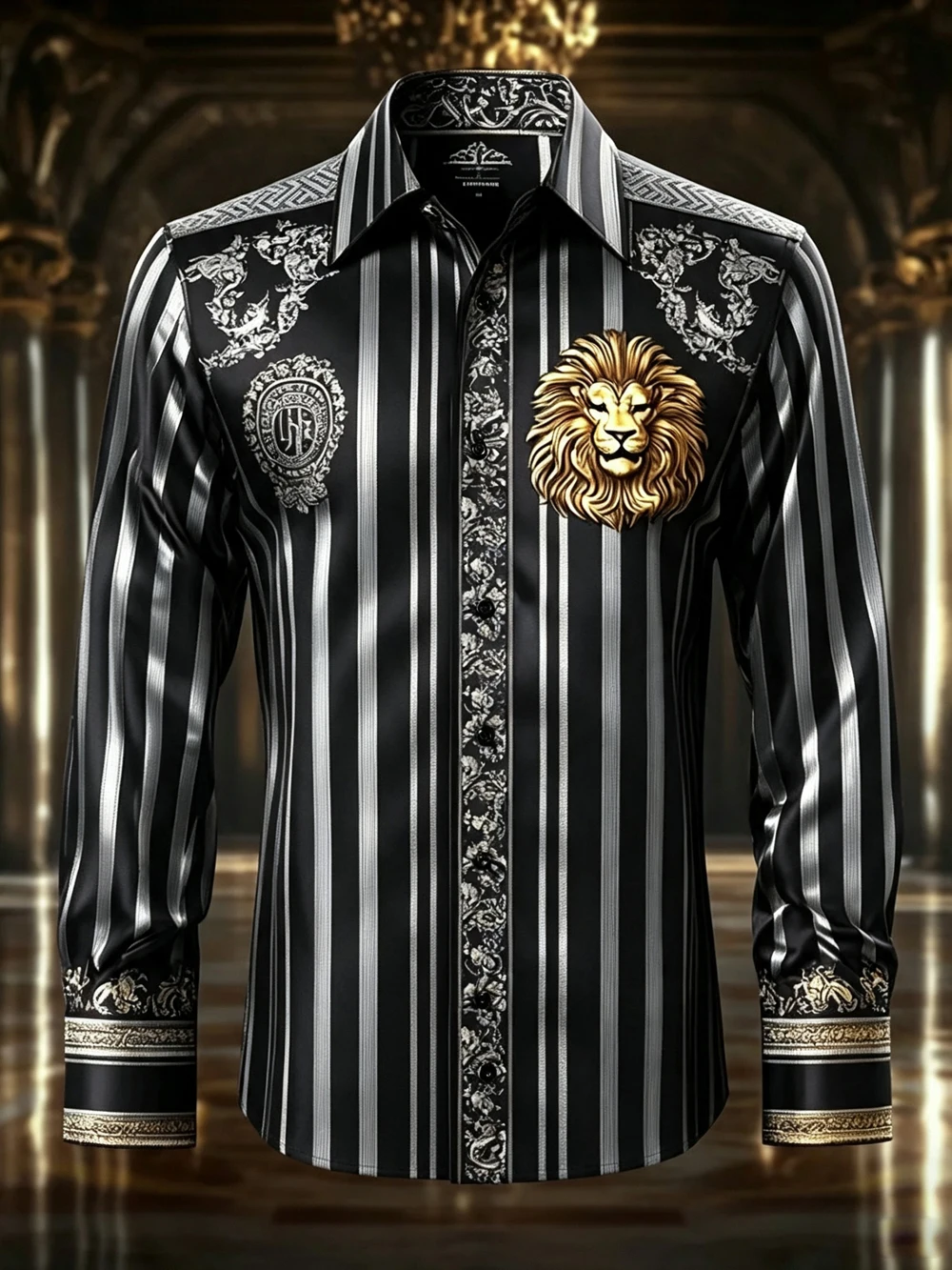 2026 Men's New Arrival 9 Colors Striped Lion Printed Shirt Long Sleeve Collar Business Casual Shirt Hawaiian Festival Gift  Men