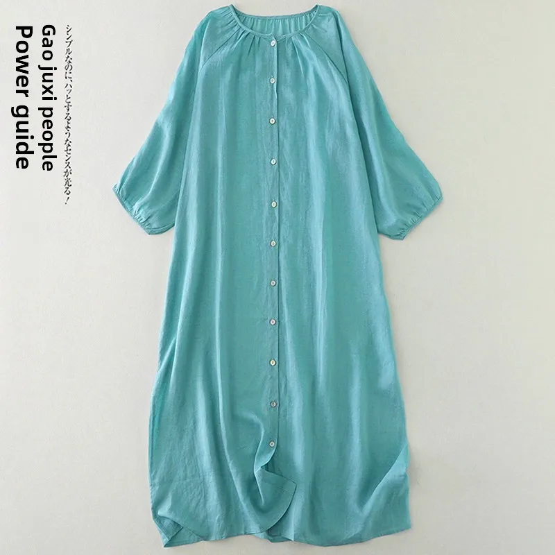 

Retro Lake Blue Cotton Linen Lazy Sle Dr Loose Single Button round Ne Mid-Length irt Dr Thin Model Sweet Sle