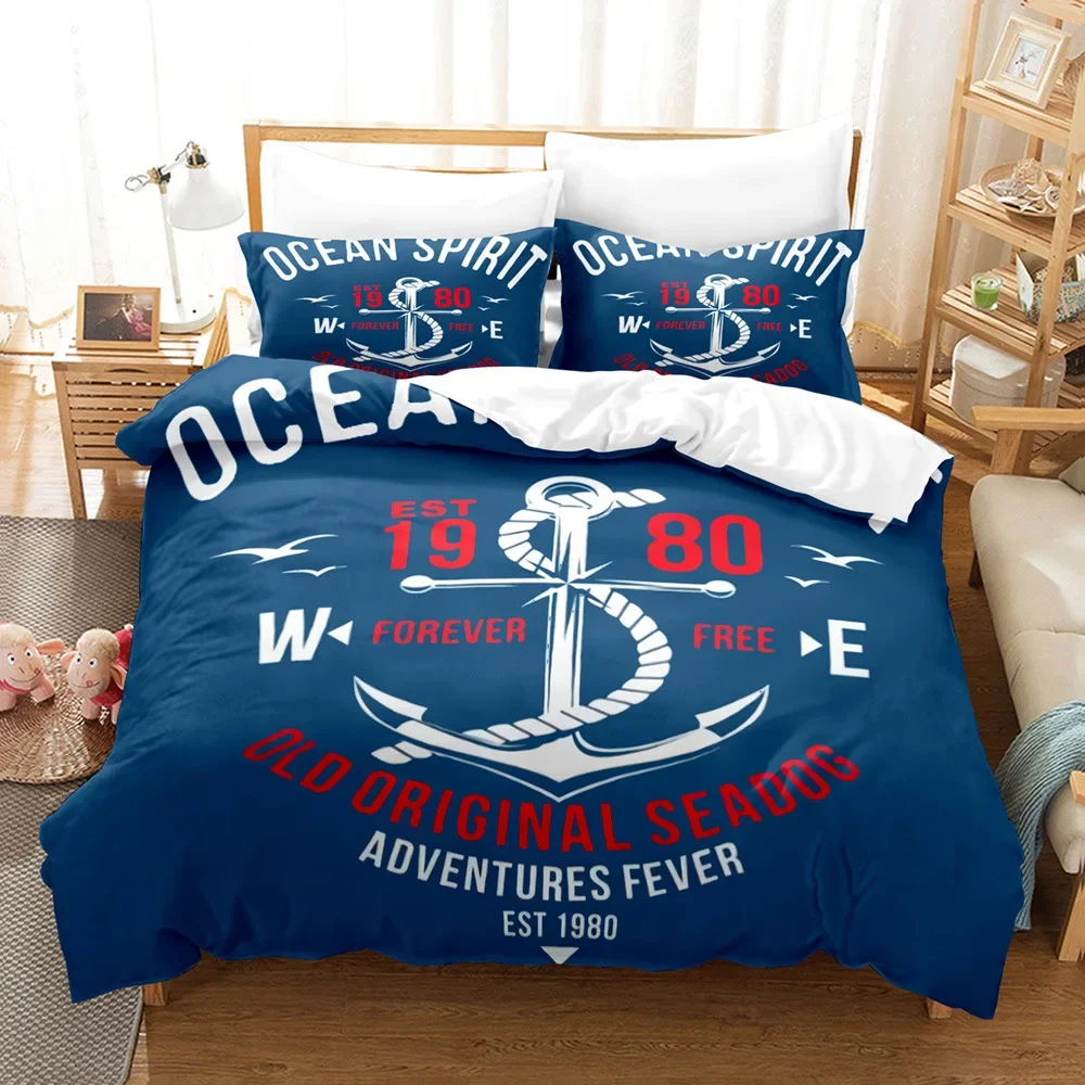 Marine Duvet Cover Set Anchor Pattern Bedding Set Ultra Soft Comforter/Quilt Cover Set&Pillowcases for Kids Teens Boys Bedroom