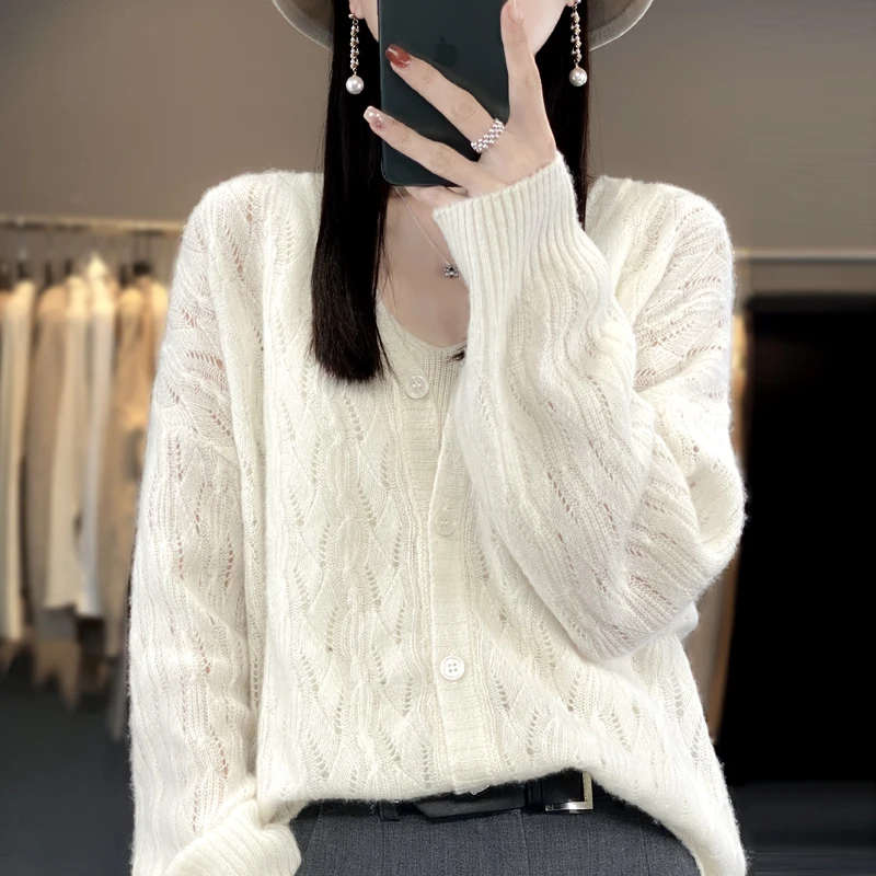 Spring Autumn New Woolen Sweater Women's V-Neck Long Sleeved Hollow Loose Lazy Solid Color 100% Pure Wool Knitted Cardigan Top