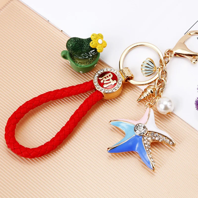 Rhinestone Crystal Metal Keychain Lovely Cartoon Marine Animal Starfish Keyring Girl HandBag Car Pendant Key Chain